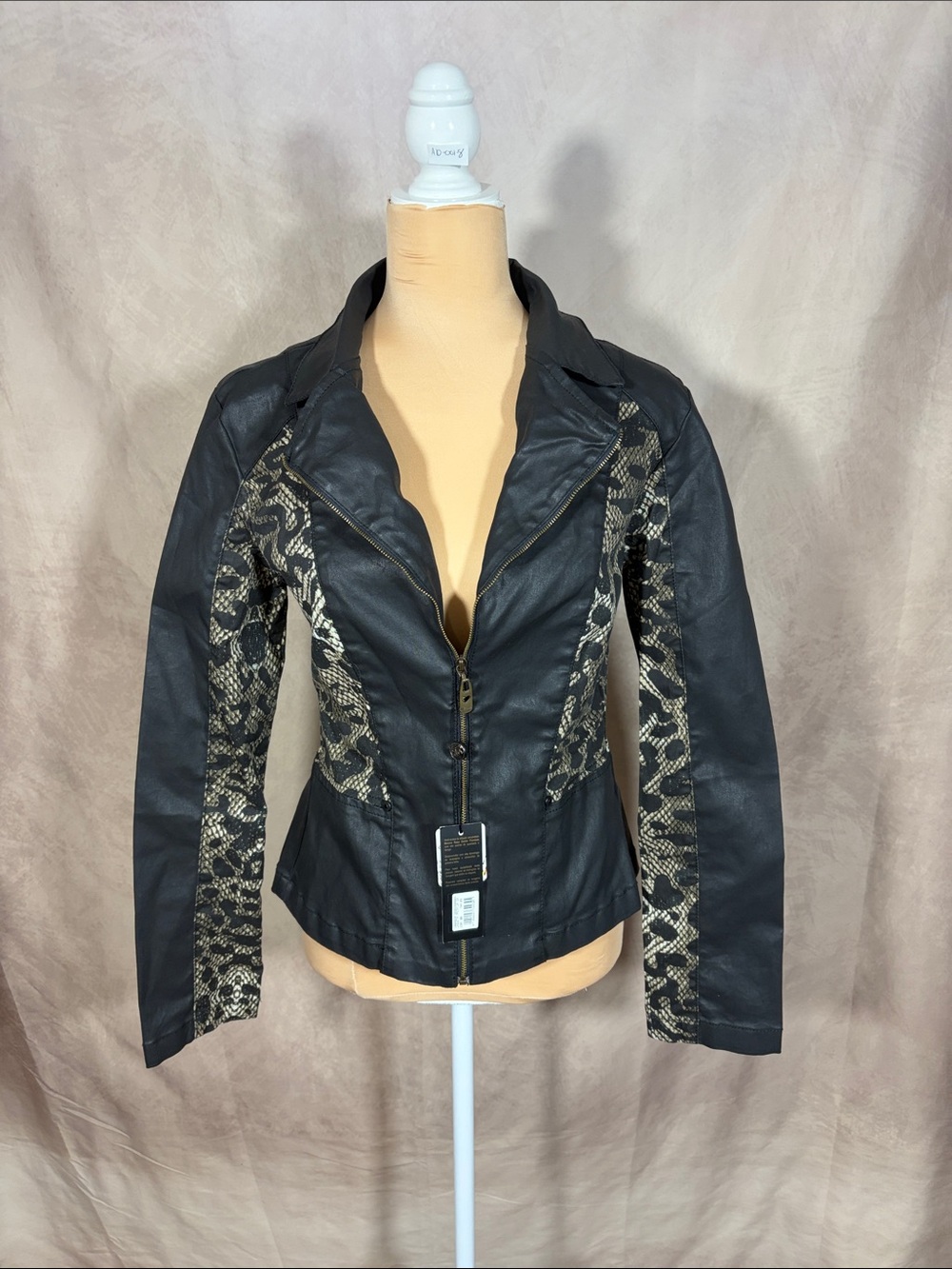 Morena Rosa Leather Black Jacket with Snake-Print Panels